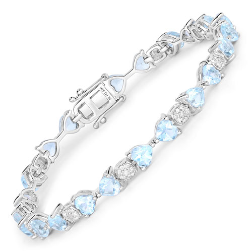 Bracelets-11.10 Carat Genuine Blue Topaz and White Diamond .925 Sterling Silver Bracelet