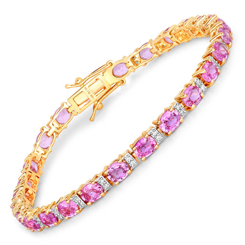 Bracelets-9.08 Carat Genuine Pink Sapphire and White Diamond 14K Yellow Gold Bracelet