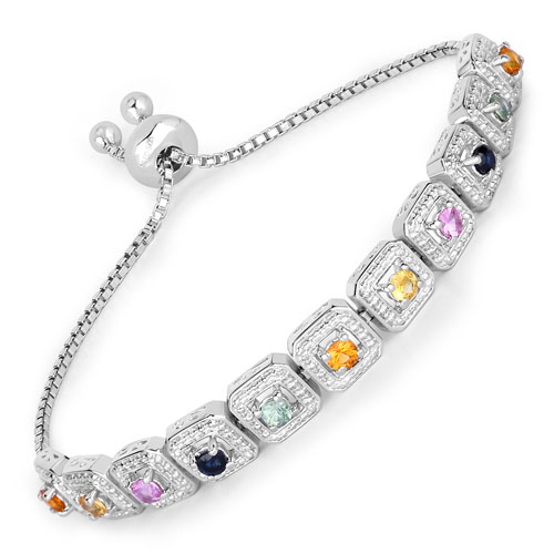 Bracelets-1.21 Carat Genuine Multi Sapphire .925 Sterling Silver Bracelet