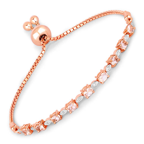 Bracelets-1.38 Carat Genuine Morganite and White Diamond .925 Sterling Silver Bracelet