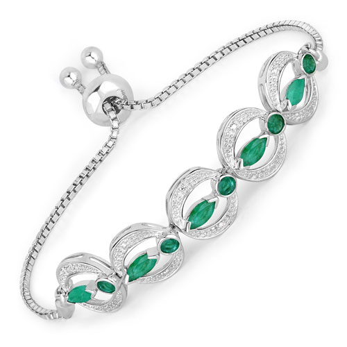 Bracelets-1.55 Carat Genuine Emerald and White Diamond .925 Sterling Silver Bracelet