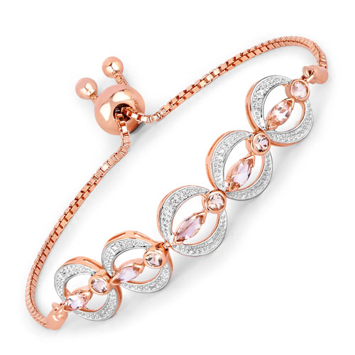 Bracelets-1.65 Carat Genuine Morganite and White Diamond .925 Sterling Silver Bracelet