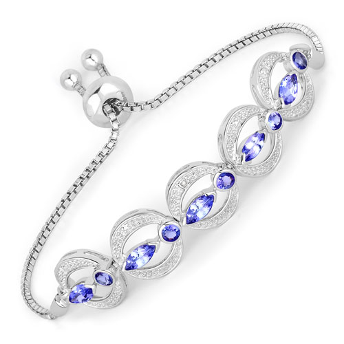 Bracelets-1.70 Carat Genuine Tanzanite and White Diamond .925 Sterling Silver Bracelet