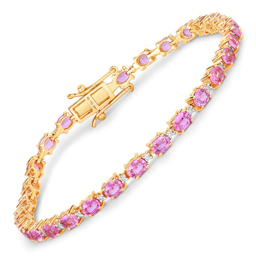 Bracelets-6.24 Carat Genuine Pink Sapphire and White Diamond 14K Yellow Gold Bracelet