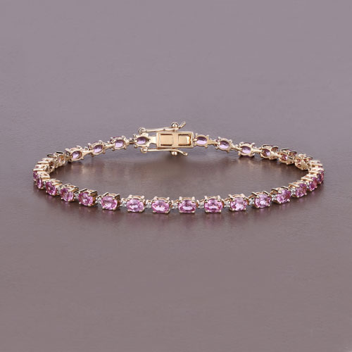 6.24 Carat Genuine Pink Sapphire and White Diamond 14K Yellow Gold Bracelet