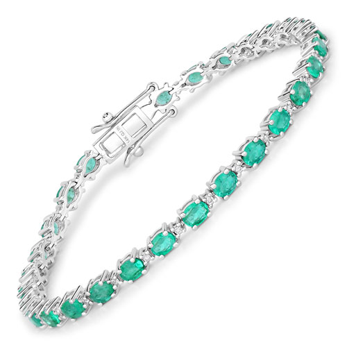 Bracelets-4.58 Carat Genuine Zambian Emerald and White Diamond 14K White Gold Bracelet