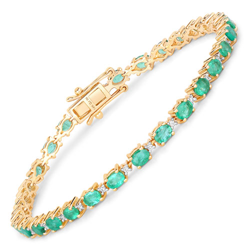 Bracelets-4.58 Carat Genuine Zambian Emerald and White Diamond 14K Yellow Gold Bracelet