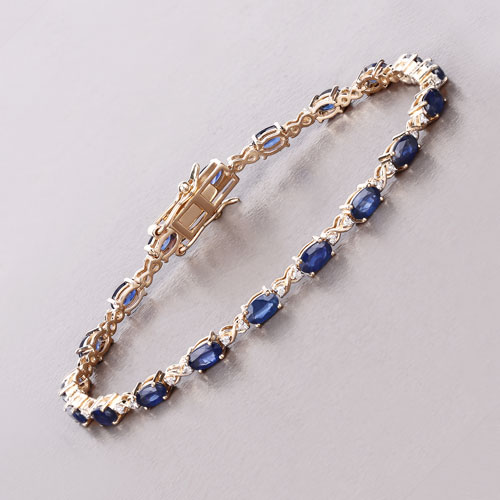 4.43 Carat Genuine Blue Sapphire and White Diamond 14K Yellow Gold Bracelet