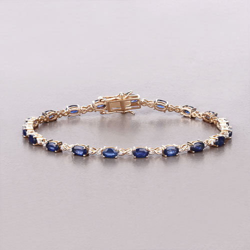 4.43 Carat Genuine Blue Sapphire and White Diamond 14K Yellow Gold Bracelet