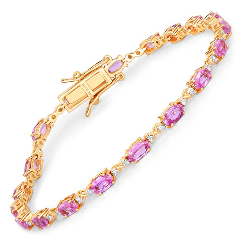 Bracelets-4.43 Carat Genuine Pink Sapphire and White Diamond 14K Yellow Gold Bracelet