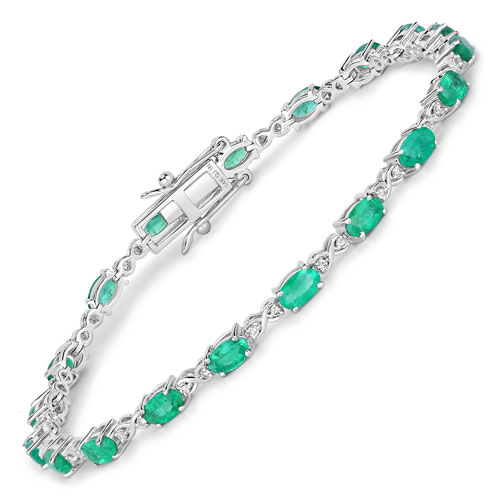 Bracelets-3.86 Carat Genuine Zambian Emerald and White Diamond 14K White Gold Bracelet