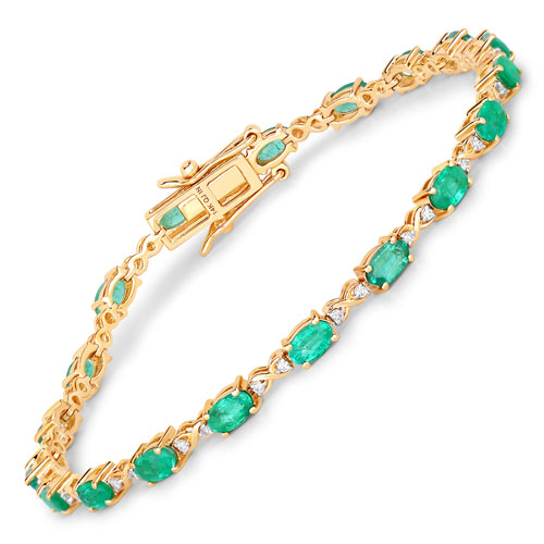 Bracelets-3.86 Carat Genuine Zambian Emerald and White Diamond 14K Yellow Gold Bracelet