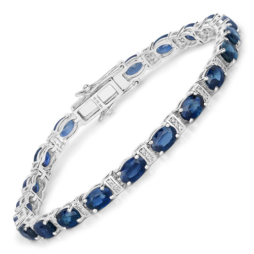 Bracelets-10.30 Carat Genuine Blue Sapphire and White Diamond 14K White Gold Bracelet