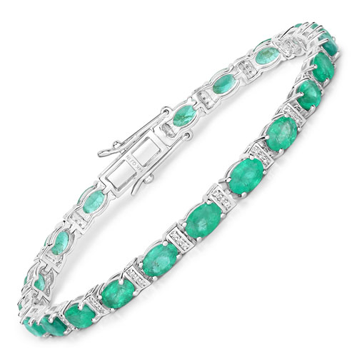 Bracelets-9.46 Carat Genuine Zambian Emerald and White Diamond 14K White Gold Bracelet