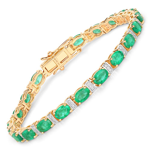 Bracelets-9.46 Carat Genuine Zambian Emerald and White Diamond 14K Yellow Gold Bracelet
