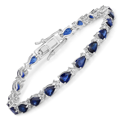 Bracelets-9.32 Carat Genuine Blue Sapphire and White Diamond 14K White Gold Bracelet