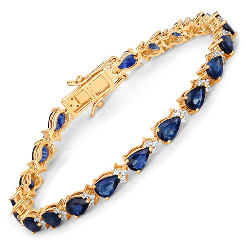 Bracelets-9.18 Carat Genuine Blue Sapphire and White Diamond 14K Yellow Gold Bracelet
