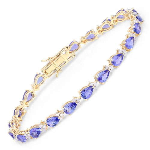 Bracelets-8.27 Carat Genuine Tanzanite and White Diamond 14K Yellow Gold Bracelet