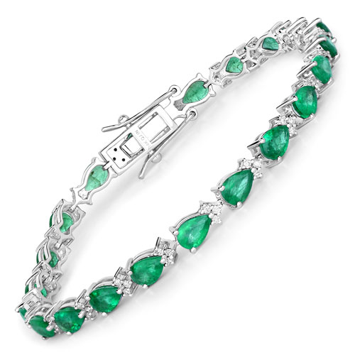 Bracelets-7.71 Carat Genuine Zambian Emerald and White Diamond 14K White Gold Bracelet