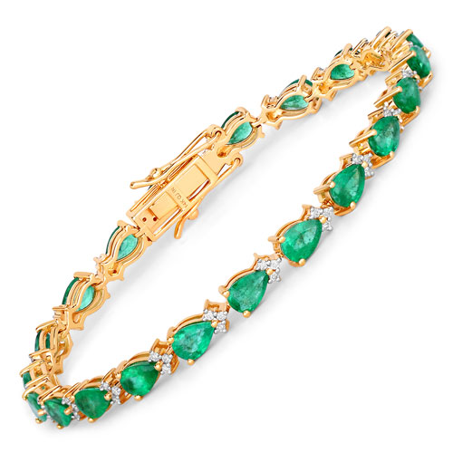 Bracelets-7.71 Carat Genuine Zambian Emerald and White Diamond 14K Yellow Gold Bracelet