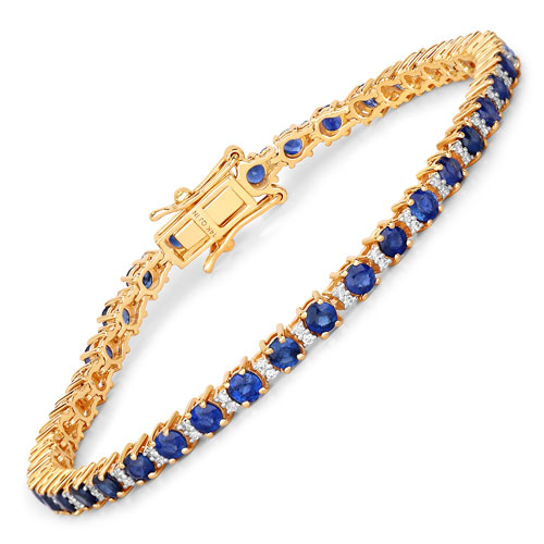 Bracelets-5.20 Carat Genuine Blue Sapphire and White Diamond 14K Yellow Gold Bracelet