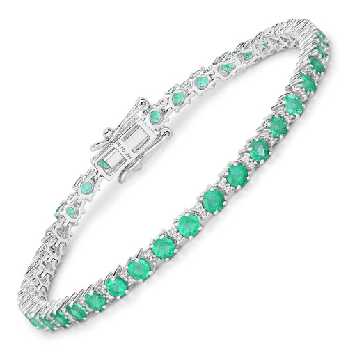 Bracelets-4.00 Carat Genuine Zambian Emerald and White Diamond 14K White Gold Bracelet
