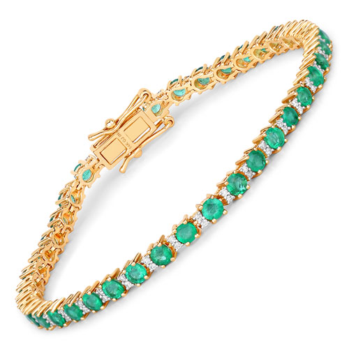 Bracelets-4.36 Carat Genuine Zambian Emerald and White Diamond 14K Yellow Gold Bracelet