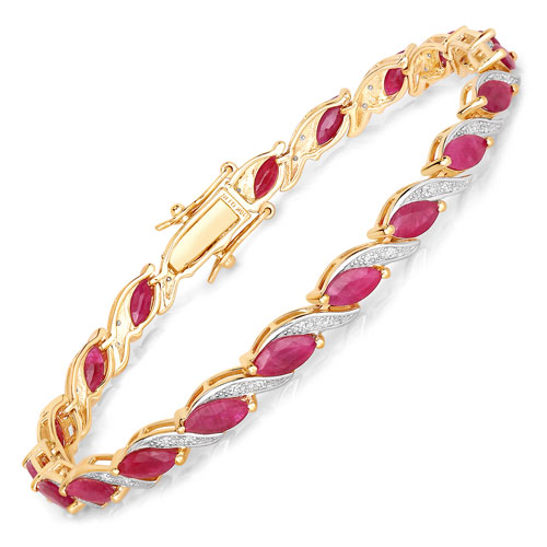 Bracelets-7.78 Carat Genuine Ruby and White Diamond 10K Yellow Gold Bracelet