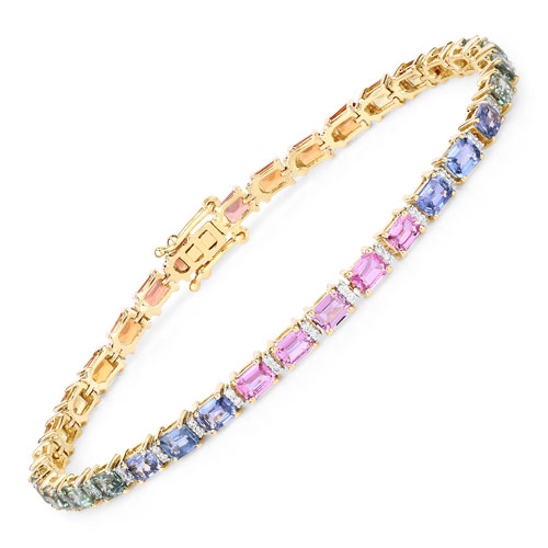 Bracelets-9.96 Carat Genuine Multi Sapphire and White Diamond 14K Yellow Gold Bracelet