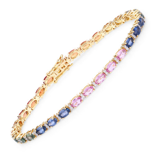 Bracelets-9.21 Carat Genuine Multi Sapphire and White Diamond 14K Yellow Gold Bracelet