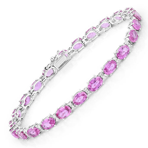 Bracelets-13.78 Carat Genuine Pink Sapphire and White Diamond 14K White Gold Bracelet