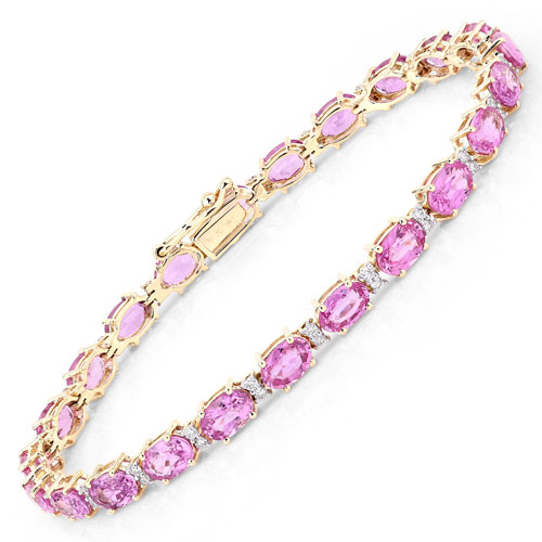 Bracelets-14.33 Carat Genuine Pink Sapphire and White Diamond 14K Yellow Gold Bracelet