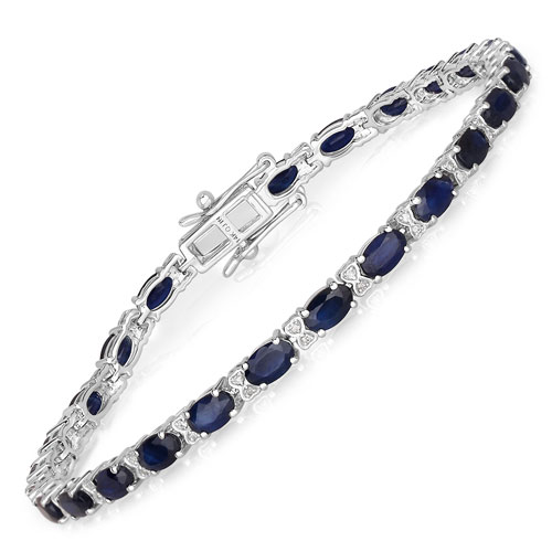 Bracelets-5.87 Carat Genuine Blue Sapphire and White Diamond 14K White Gold Bracelet