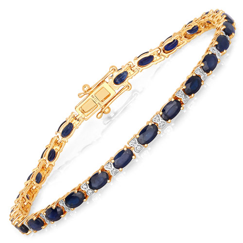 Bracelets-5.87 Carat Genuine Blue Sapphire and White Diamond 14K Yellow Gold Bracelet