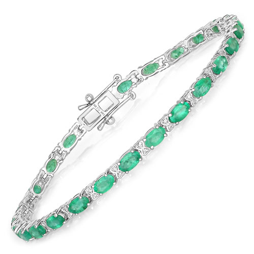 Bracelets-5.09 Carat Genuine Zambian Emerald and White Diamond 14K White Gold Bracelet