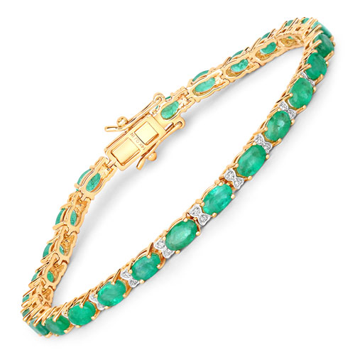 Bracelets-5.09 Carat Genuine Zambian Emerald and White Diamond 14K Yellow Gold Bracelet