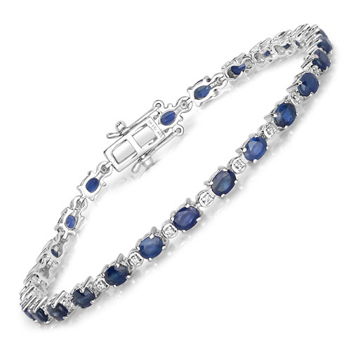 Bracelets-5.58 Carat Genuine Blue Sapphire and White Diamond 14K White Gold Bracelet