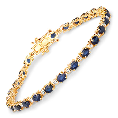 Bracelets-5.58 Carat Genuine Blue Sapphire and White Diamond 14K Yellow Gold Bracelet