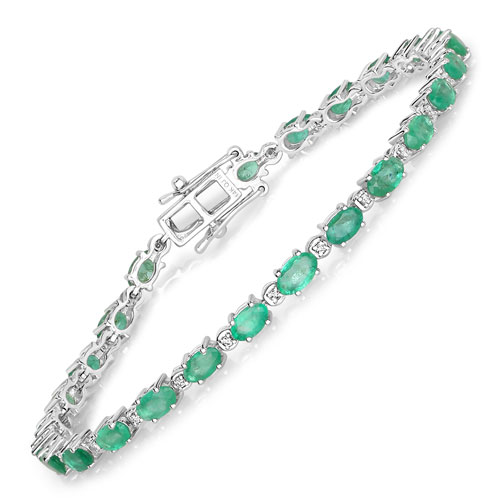 Bracelets-5.06 Carat Genuine Zambian Emerald and White Diamond 14K White Gold Bracelet