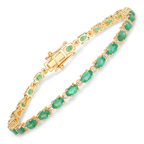 Bracelets-5.06 Carat Genuine Zambian Emerald and White Diamond 14K Yellow Gold Bracelet