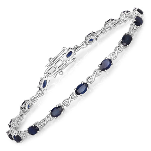 Bracelets-3.63 Carat Genuine Blue Sapphire and White Diamond 14K White Gold Bracelet