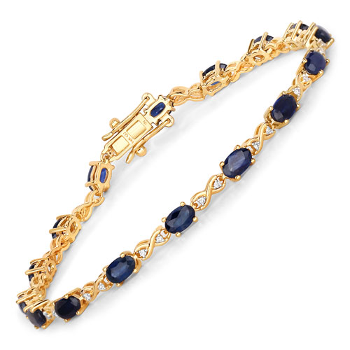 Bracelets-3.63 Carat Genuine Blue Sapphire and White Diamond 14K Yellow Gold Bracelet