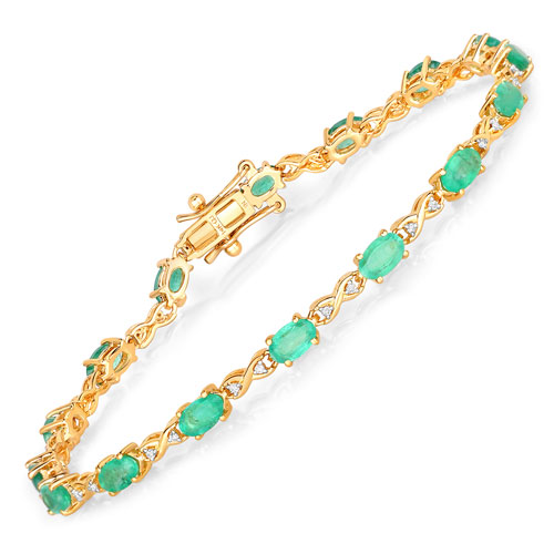 Bracelets-3.15 Carat Genuine Zambian Emerald and White Diamond 14K Yellow Gold Bracelet