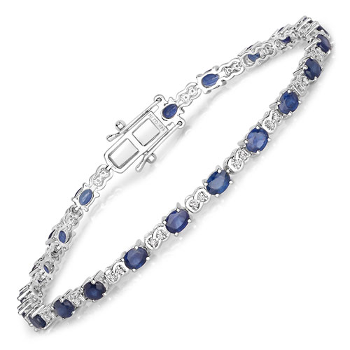 Bracelets-4.82 Carat Genuine Blue Sapphire and White Diamond 14K White Gold Bracelet