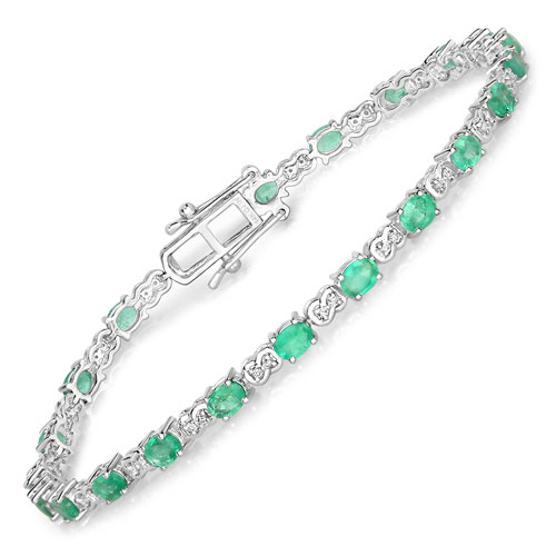 Bracelets-3.50 Carat Genuine Zambian Emerald and White Diamond 14K White Gold Bracelet