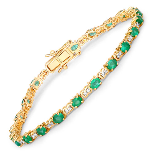 Bracelets-3.50 Carat Genuine Zambian Emerald and White Diamond 14K Yellow Gold Bracelet