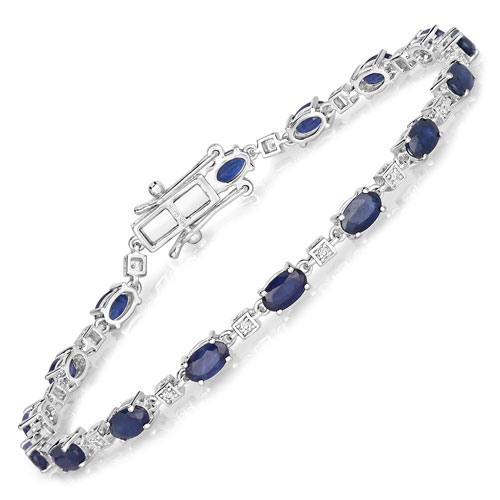 Bracelets-3.85 Carat Genuine Blue Sapphire and White Diamond 14K White Gold Bracelet