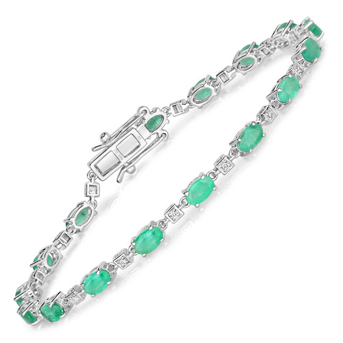 Bracelets-3.34 Carat Genuine Zambian Emerald and White Diamond 14K White Gold Bracelet