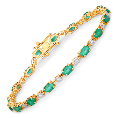 Bracelets-3.34 Carat Genuine Zambian Emerald and White Diamond 14K Yellow Gold Bracelet
