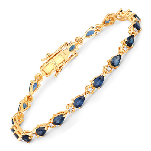 Bracelets-5.13 Carat Genuine Blue Sapphire and White Diamond 14K Yellow Gold Bracelet